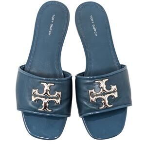 Tory Burch Eleanor Sandals Brisk Blue Leather Slides Logo Size 8